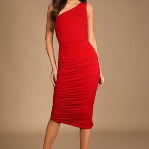 Lulus Red Ruched One-Shoulder Bodycon Midi Dress